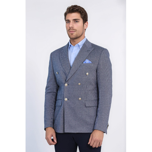 Navy Pinstriped Slim Fit Double-Breasted Blazer with Silver Metal Buttons – Chadrobe