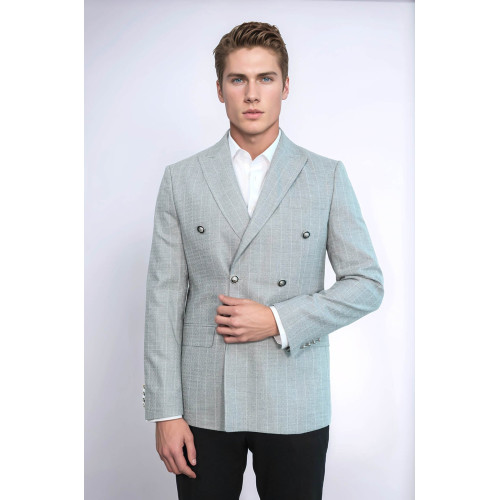Double Breasted Slim Fit Striped Grey Men Blazer - Chadrobe
