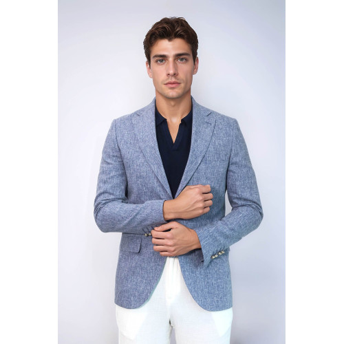 Dark Blue Textured Linen-Feel Gold Metal Button Slim Fit Men's Blazer Jacket - Chadrobe