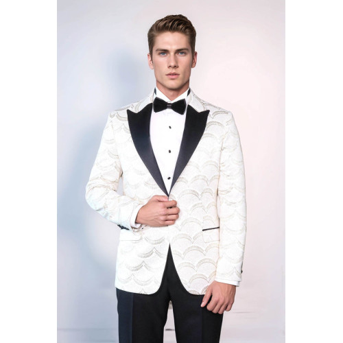 Patterned Slim Fit White Men Dinner Jacket - Chadrobe