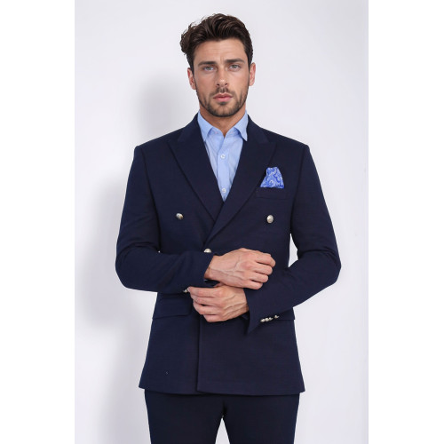 Navy Blue Solid Slim Fit Double-Breasted Blazer with Silver Metal Buttons – Chadrobe
