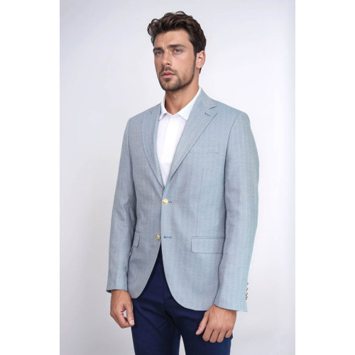 Light Blue Herringbone Pattern Gold Metal Button Slim Fit Men's Blazer Jacket - Chadrobe