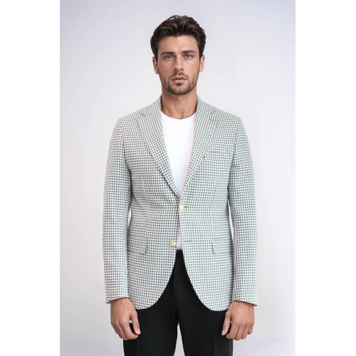 Light Grey Houndstooth Pattern Gold Metal Button Slim Fit Men's Blazer Jacket - Chadrobe