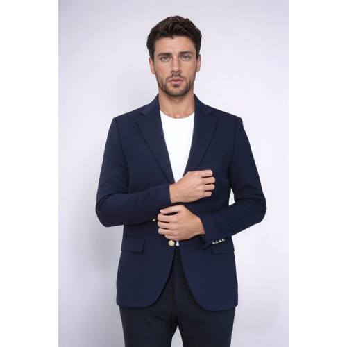 Navy Blue Textured Gold Metal Button Slim Fit Men's Blazer Jacket - Chadrobe