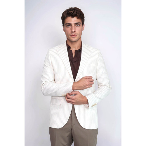 Ecru Striped Linen Gold Metal Button Slim Fit Men's Blazer Jacket - Chadrobe