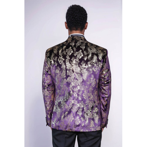 Peak Lapel Slim Fit Gold Patterned Purple Men Singer Tuxedo Blazer