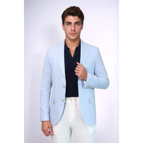 Light Blue Textured Linen-Feel Gold Metal Button Slim Fit Men's Blazer Jacket - Chadrobe
