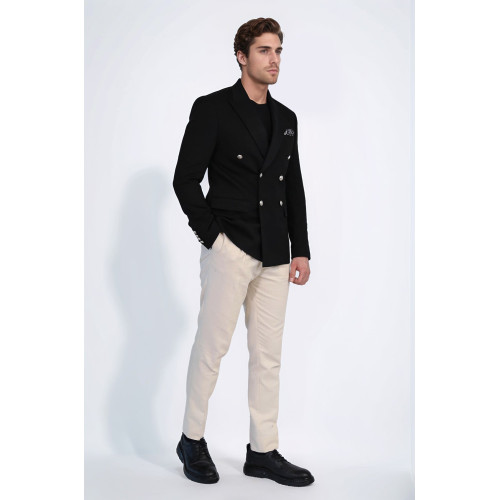 Black Solid Slim Fit Double-Breasted Blazer with Silver Metal Buttons – Chadrobe