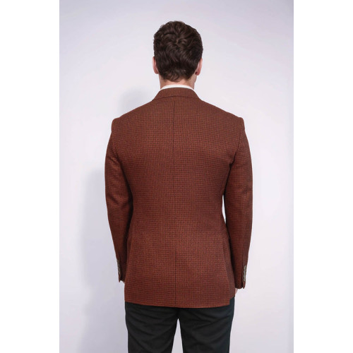Houndstooth Patterned Brown Men Double Breasted Blazer - Chadrobe