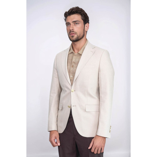 Beige Herringbone Pattern Gold Metal Button Slim Fit Men's Blazer Jacket - Chadrobe