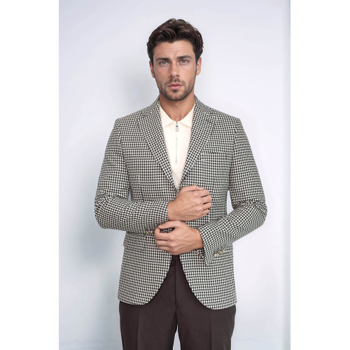 Black & Cream Houndstooth Pattern Gold Metal Button Slim Fit Men's Blazer Jacket - Chadrobe