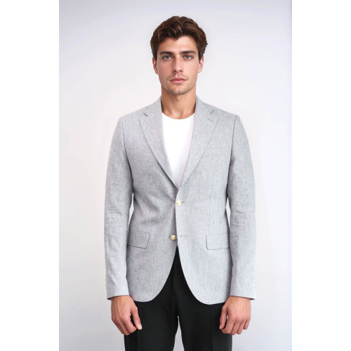Grey Textured Linen-Feel Gold Metal Button Slim Fit Men's Blazer Jacket - Chadrobe