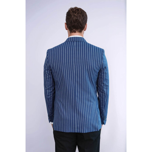 Striped Blue Slim-Fit Blazer - Chadrobe