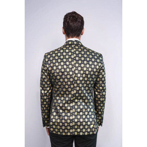 Floral Patterned Peak Lapel Navy Blue with Gold Embellished Dinner Jacket - Chadrobe