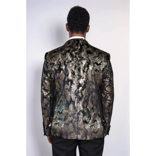 Peak Lapel Slim Fit Gold Patterned Black Men Evening Blazer