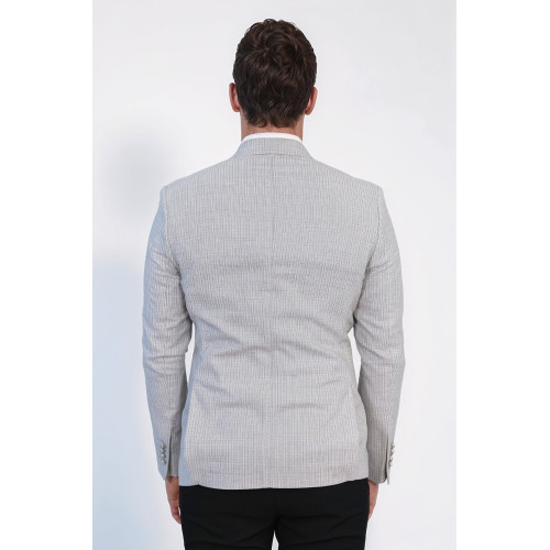 Grey Micro-Check Slim Fit Double-Breasted Blazer with Silver Metal Buttons – Chadrobe