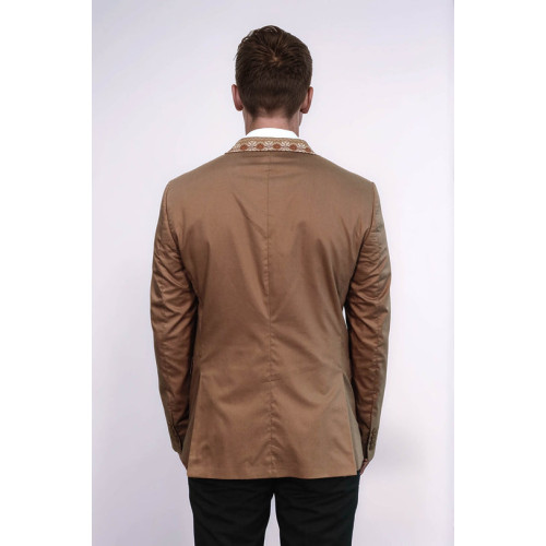 Double Buttons Knit Collar Mono Lapel Tan Jacket-Chadrobe