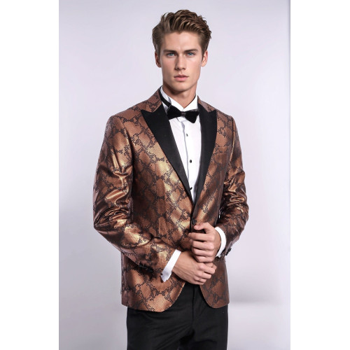 Patterned Slim Fit Brown Men Stage Tuxedo Blazer - Chadrobe
