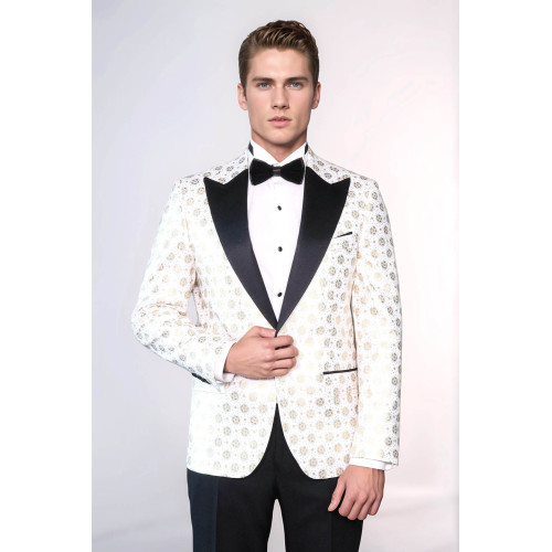 Floral Patterned Peak Lapel White Men Wedding Tuxedo Blazer - Chadrobe