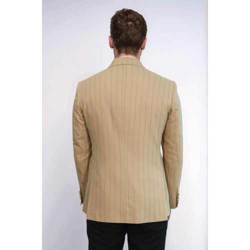 Double Breasted Slim Fit Striped Cream Men Blazer - Chadrobe