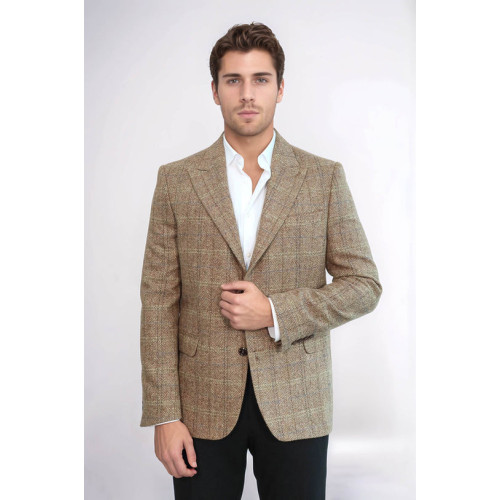 Herringbone Slim Fit Wool Tan Men Blazer - Chadrobe