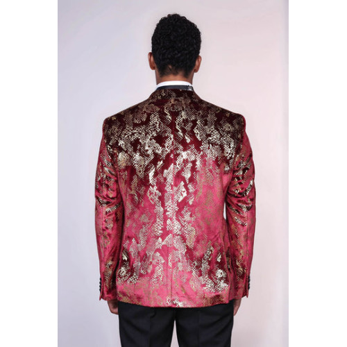 Peak Lapel Slim Fit Gold Patterned Burgundy Men Party Blazer - Chadrobe