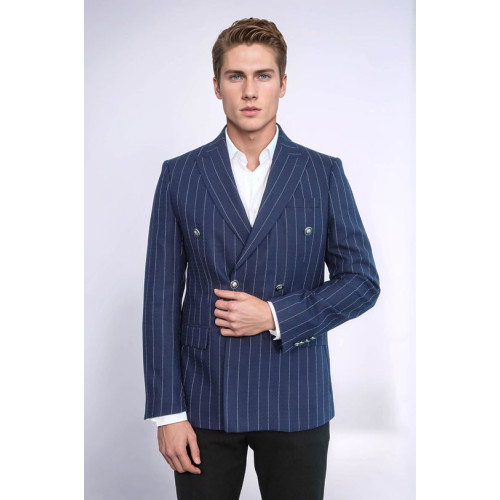 Double Breasted Slim Fit Striped Navy Blue Men Blazer - Chadrobe