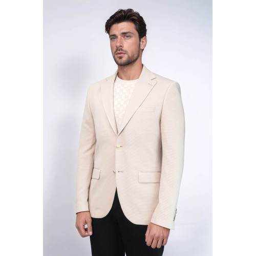 Beige Textured Gold Metal Button Slim Fit Men's Blazer Jacket - Chadrobe
