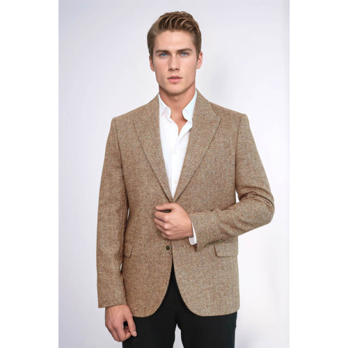 Houndstooth Pattern Wool Light Brown Men Blazer - Chadrobe