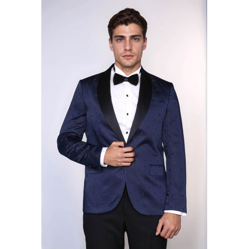 Patterned Shawl Lapel Navy Blue Men Tuxedo Jacket - Chadrobe