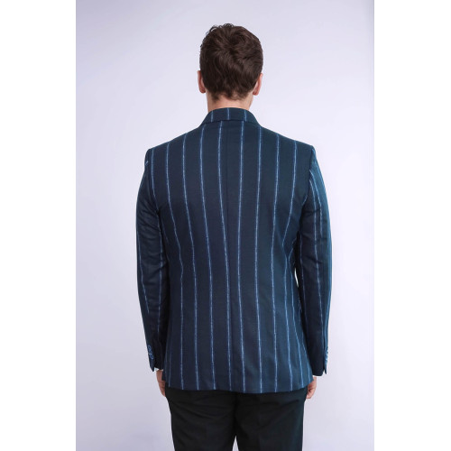 Striped Dark Blue Slim-Fit Blazer - Chadrobe