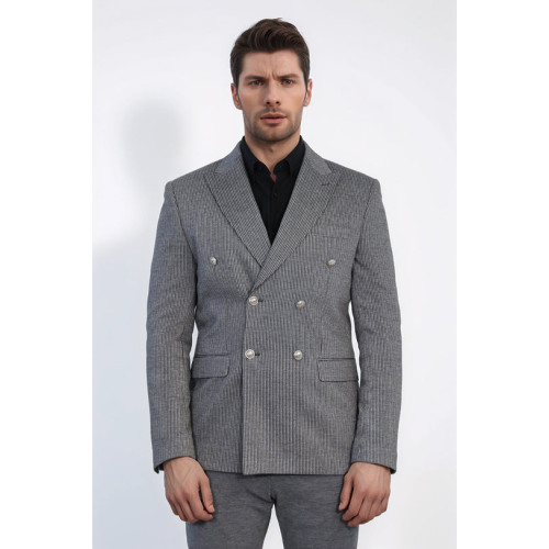 Anthracite Pinstriped Slim Fit Double-Breasted Blazer with Silver Metal Buttons – Chadrobe