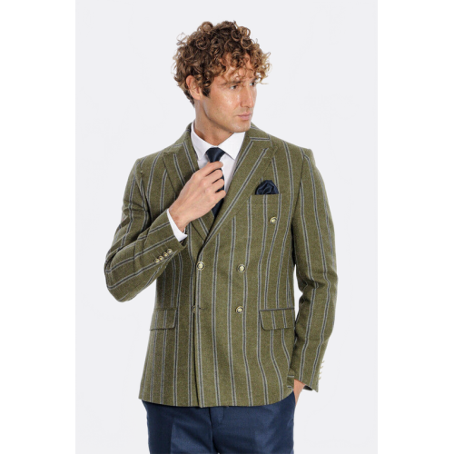 Wide Lapel Striped Double Breasted Green Men Blazer - Chadrobe