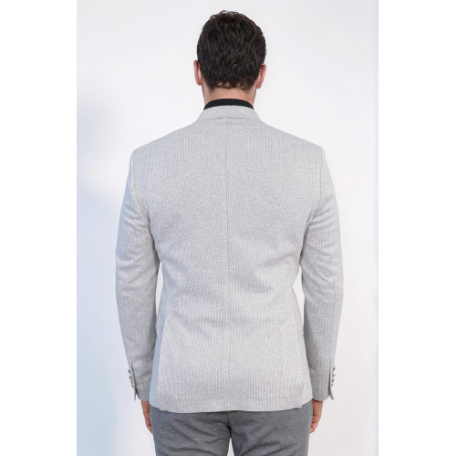 Grey Pinstriped Slim Fit Double-Breasted Blazer with Silver Metal Buttons – Chadrobe