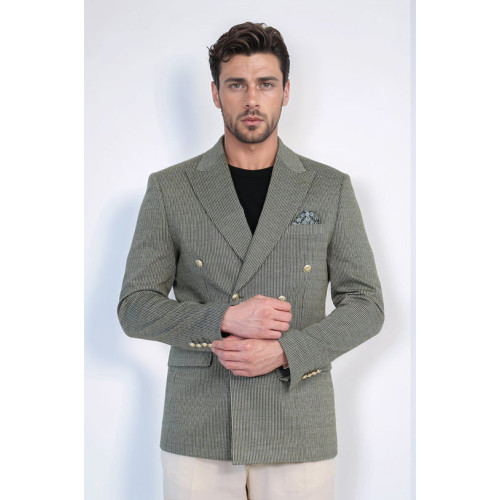 Olive Green Pinstriped Slim Fit Double-Breasted Blazer with Gold Metal Buttons – Chadrobe