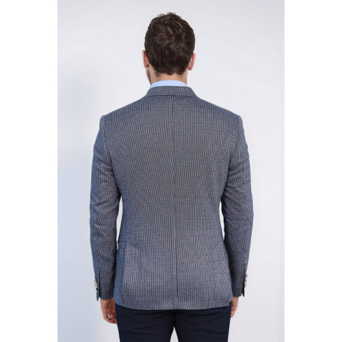 Navy Pinstriped Slim Fit Double-Breasted Blazer with Silver Metal Buttons – Chadrobe