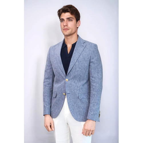 Dark Blue Textured Linen-Feel Gold Metal Button Slim Fit Men's Blazer Jacket - Chadrobe