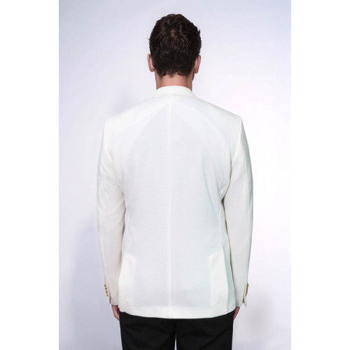 Ecru Textured Gold Metal Button Slim Fit Men's Blazer Jacket - Chadrobe