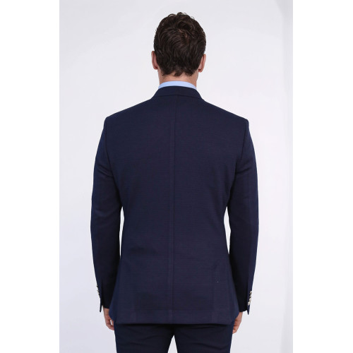 Navy Blue Solid Slim Fit Double-Breasted Blazer with Silver Metal Buttons – Chadrobe