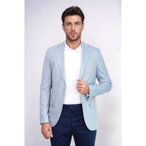 Light Blue Herringbone Pattern Gold Metal Button Slim Fit Men's Blazer Jacket - Chadrobe