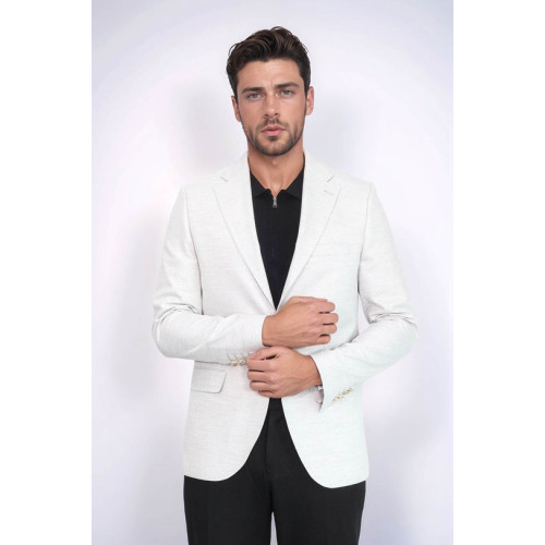 Light Grey Herringbone Pattern Gold Metal Button Slim Fit Men's Blazer Jacket - Chadrobe