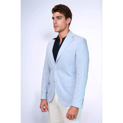 Light Blue Textured Linen-Feel Gold Metal Button Slim Fit Men's Blazer Jacket - Chadrobe