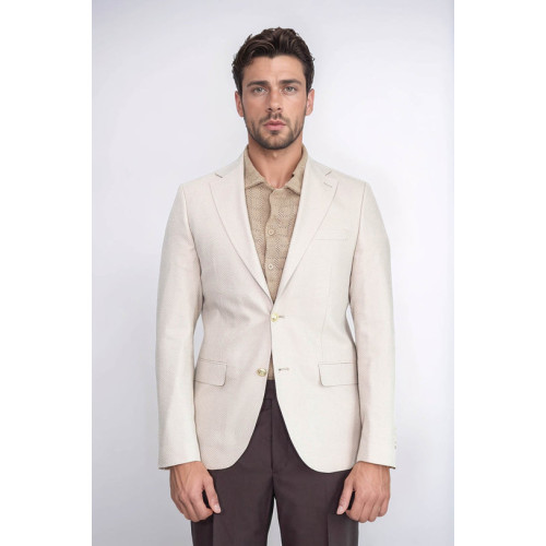 Beige Herringbone Pattern Gold Metal Button Slim Fit Men's Blazer Jacket - Chadrobe
