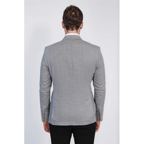 Dark Grey Micro-Check Slim Fit Double-Breasted Blazer with Silver Metal Buttons – Chadrobe