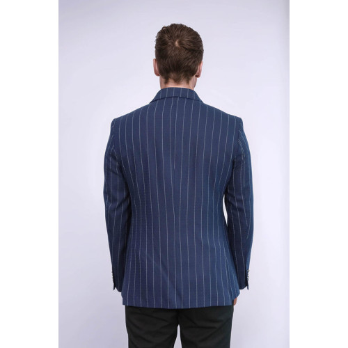 Double Breasted Slim Fit Striped Navy Blue Men Blazer - Chadrobe