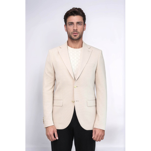 Beige Textured Gold Metal Button Slim Fit Men's Blazer Jacket - Chadrobe