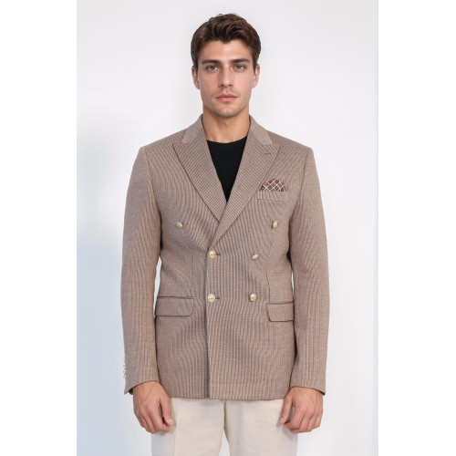 Sand Beige Pinstriped Slim Fit Double-Breasted Blazer with Gold Metal Buttons – Chadrobe