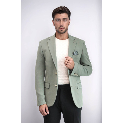 Sage Green Textured Gold Metal Button Slim Fit Men's Blazer Jacket - Chadrobe