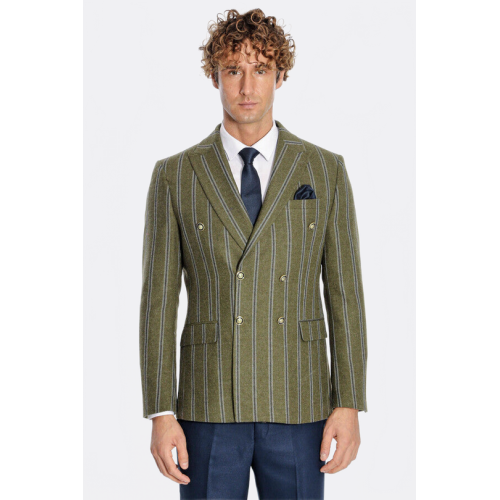 Wide Lapel Striped Double Breasted Green Men Blazer - Chadrobe