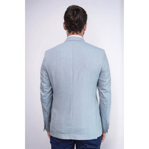 Light Blue Herringbone Pattern Gold Metal Button Slim Fit Men's Blazer Jacket - Chadrobe